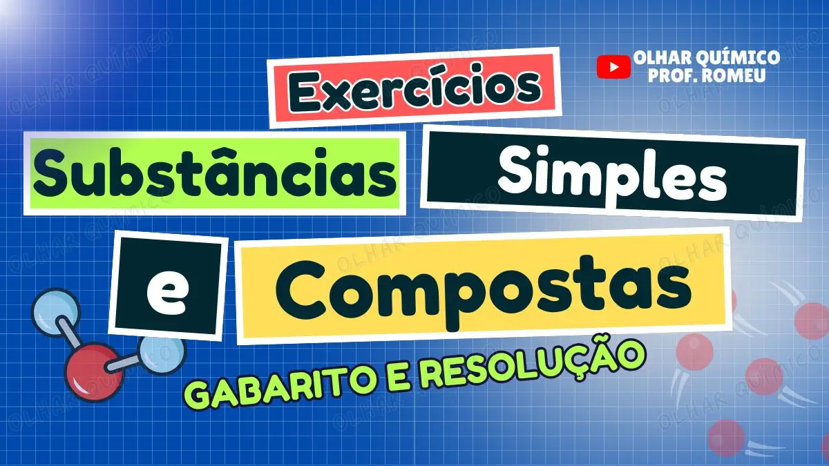 Capa de aula sobre substância pura simples e composta com exemplos e exercícios resolvidos no olharquimico.com.
