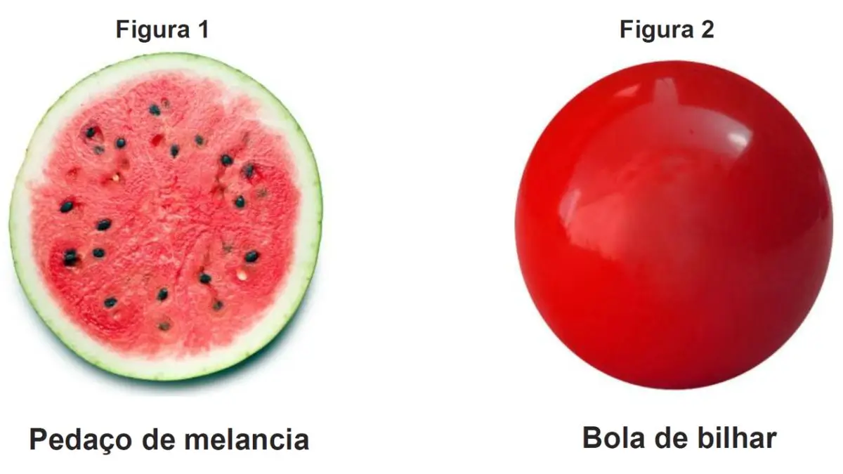 Figura 1 mostra uma melancia cortada exibindo suas sementes na polpa vermelha. Figura 2 mostra uma esfera lisa e maciça parecida com uma bola de bilhar.